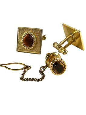 Vintage Gold Tone Cufflinks & Tie Tack Set With Tigers Eye Gemstone